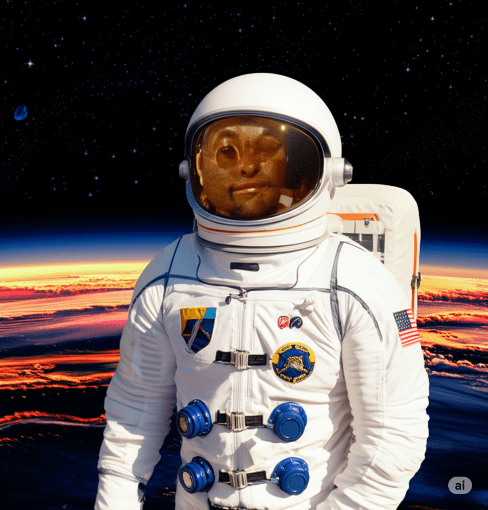 Um astronauta de pele escura e feições asiáticas, com o rosto visível através da viseira do capacete, flutua no espaço. Ele veste um traje espacial branco com patches e a bandeira dos EUA no braço. Ao fundo, a Terra se destaca com uma atmosfera luminosa e colorida, vista da órbita.