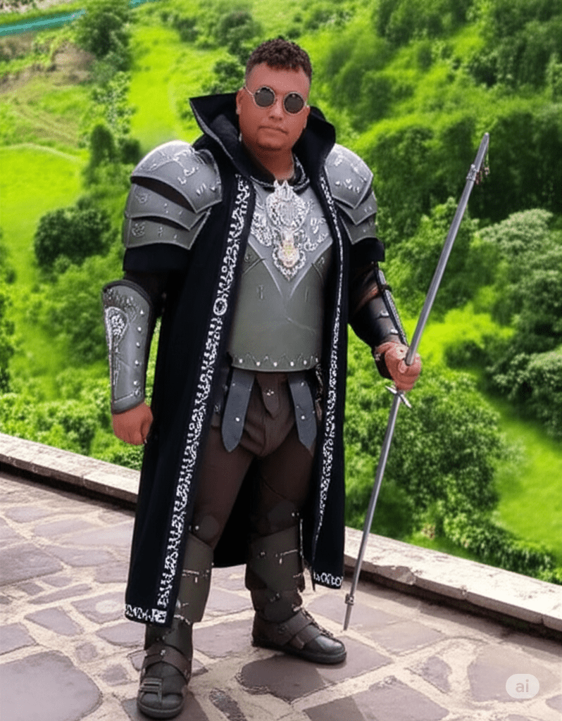 Pessoa vestindo uma armadura elaborada e uma capa, segurando uma lança, posando em um cenário natural verdejante.