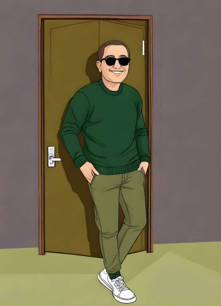 Personagem estilizado com óculos escuros e um suéter verde, posando relaxadamente ao lado de uma porta aberta em uma parede com tom neutro.