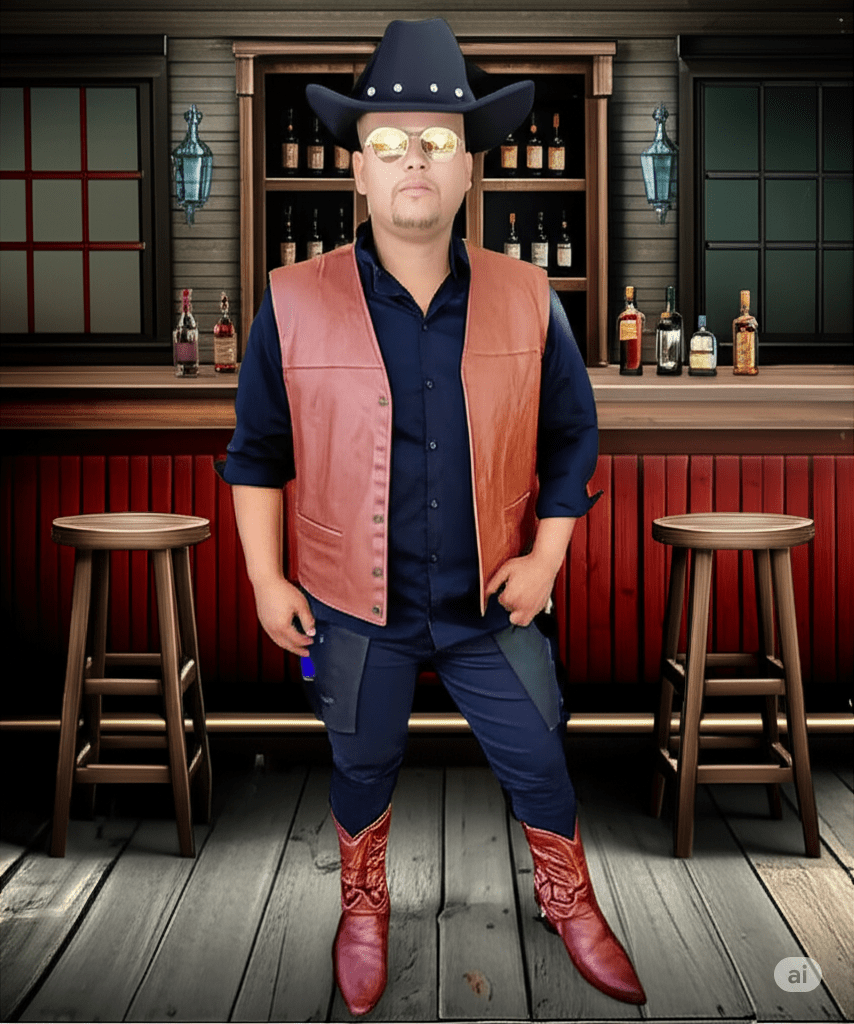 Homem com chapéu de cowboy, óculos espelhados e colete de couro marrom, posando em um ambiente de bar rústico com estantes de bebidas ao fundo.