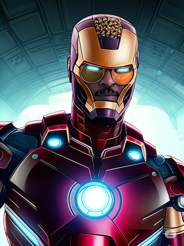 Ilustração de um super-herói com armadura metálica vermelha e dourada, usando óculos escuros, em um ambiente futurista.