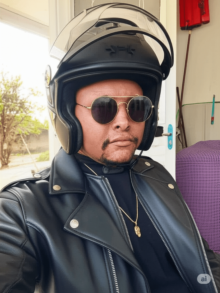 Homem usando um capacete de motocicleta e óculos escuros, vestido com uma jaqueta preta de couro, posando para a câmera em um ambiente interno.