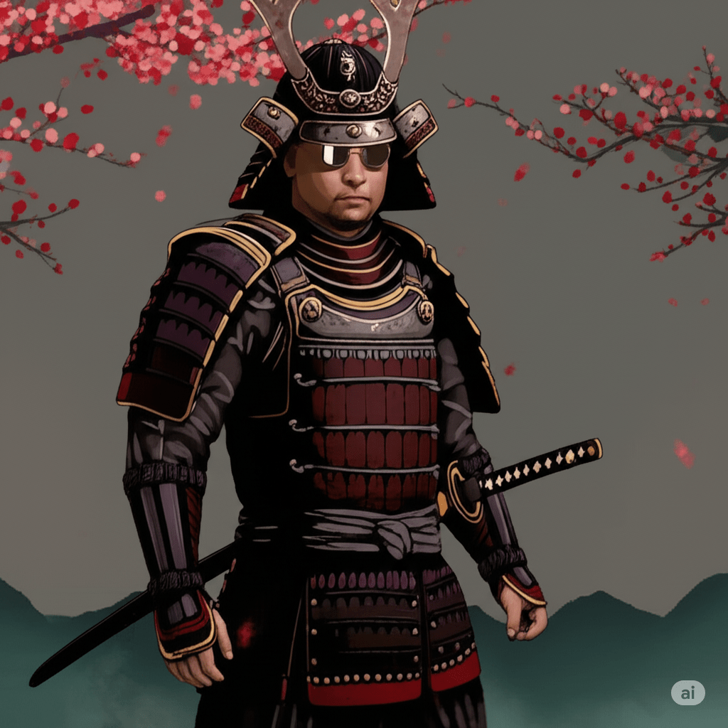 Um samurai de armadura tradicional, usando óculos escuros, em frente a árvores de flores de cerejeira, com um cenário montanhoso ao fundo.
