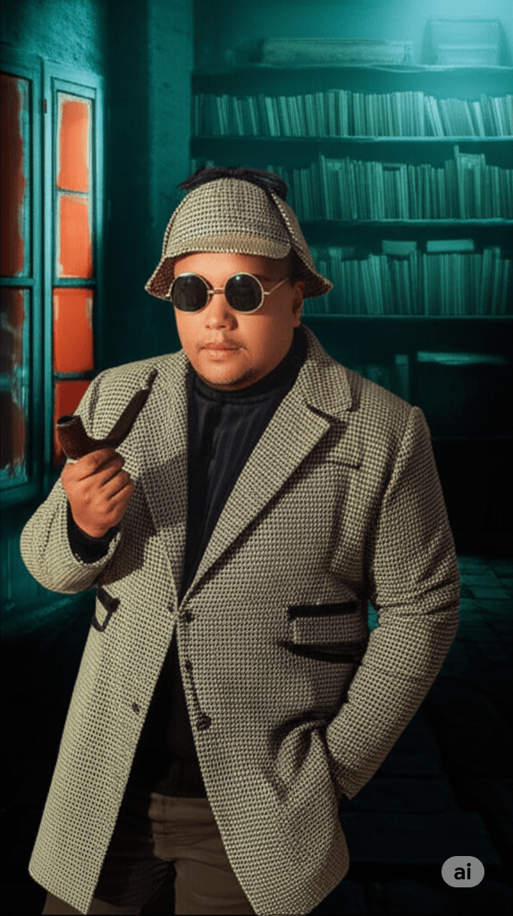 Homem usando um casaco xadrez, chapéu e óculos escuros, segurando um cachimbo, em uma sala com prateleiras de livros ao fundo.