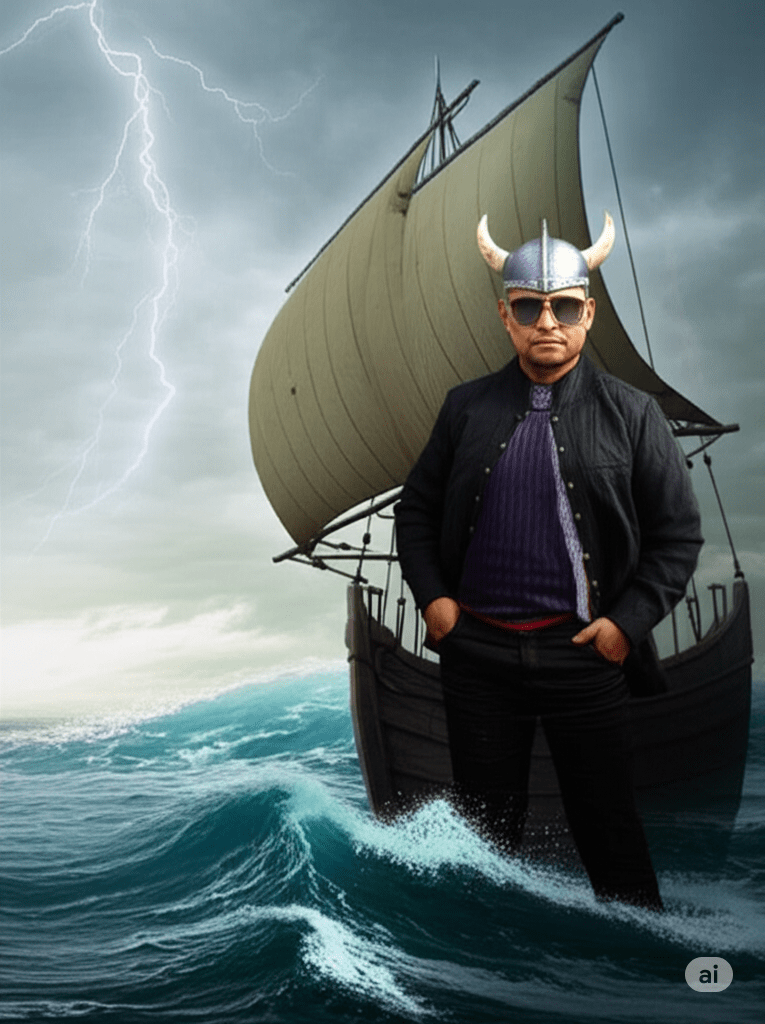 Homem com capacete de vikinger e óculos escuros, posando em uma embarcação antiga em alto-mar, com ondas turbulentas e um céu tempestuoso ao fundo.