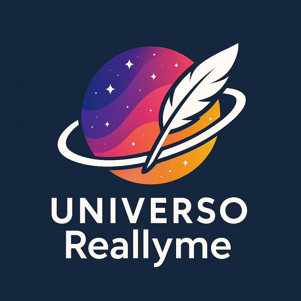 Logo de um círculo colorido que representa um universo com estrelas, envolto por um anel. Uma pena branca atravessa o círculo diagonalmente. Abaixo, o texto "UNIVERSO Reallyme".