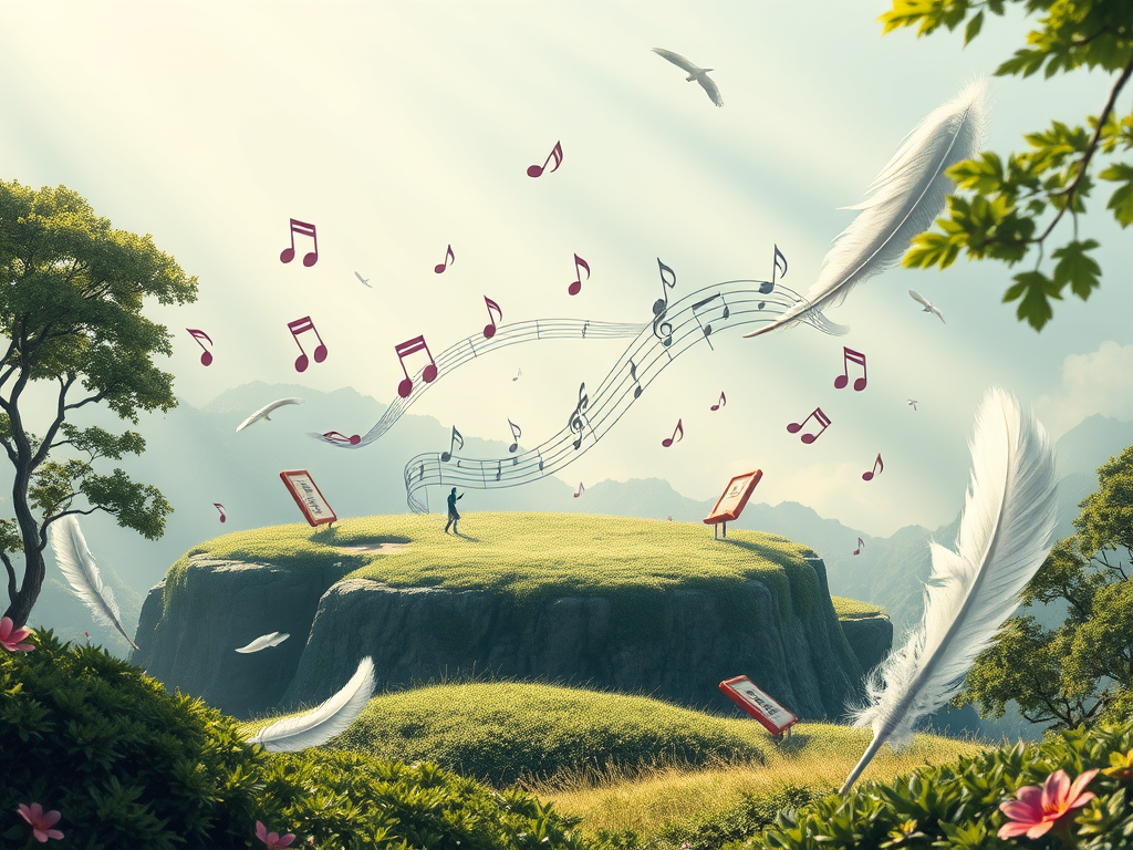 Um planalto verdejante com um homem em destaque, cercado por notas musicais flutuantes e penas, simbolizando a fusão entre sons e narrativas em um ambiente mágico e imersivo.