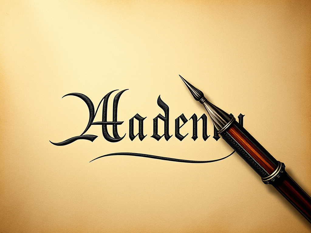 Um close em uma caneta de pena prateada sobre um papel com a palavra 'Madeny' escrita em caligrafia elegante.