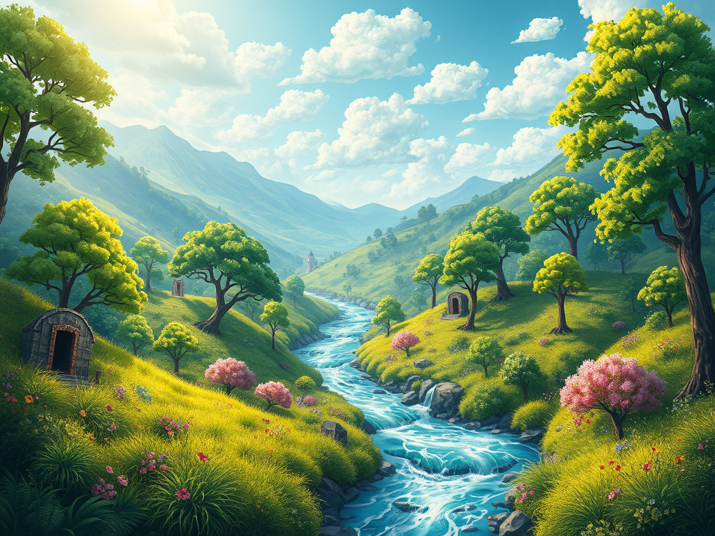 Vista de um vale sereno com um rio fluindo através de colinas verdes, árvores frondosas e flores coloridas sob um céu ensolarado e nublado.