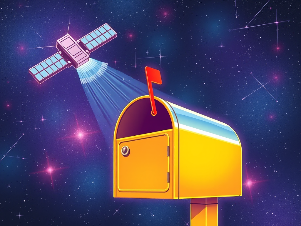 Ilustração de uma caixa de correio amarela sob um fundo espacial, com um satélite flutuando e emitindo raios de luz em direção à caixa.