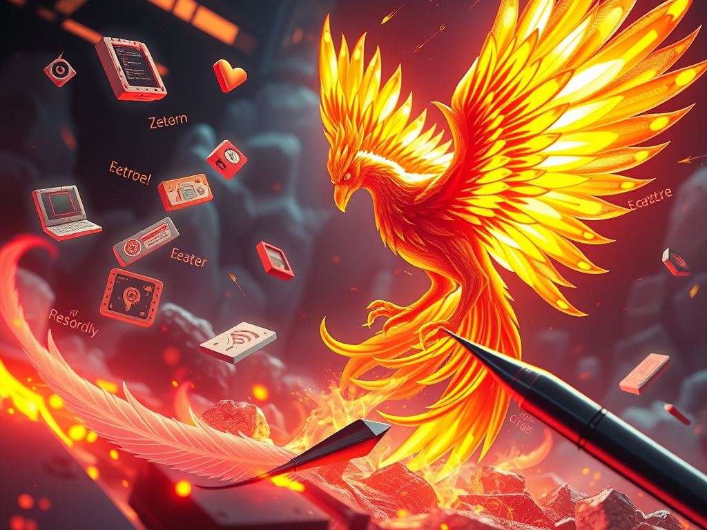 Uma fênix dourada irrompe em meio a um fundo ardente, cercada por ícones tecnológicos como computadores e dispositivos, simbolizando a interseção entre a criatividade e a tecnologia.