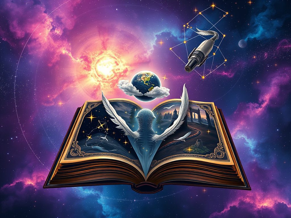 Um livro aberto flutua no espaço cósmico, apresentando mundos e cenas fantásticas, com a Terra e um microfone pairando acima dele, rodeados por estrelas e nuvens.