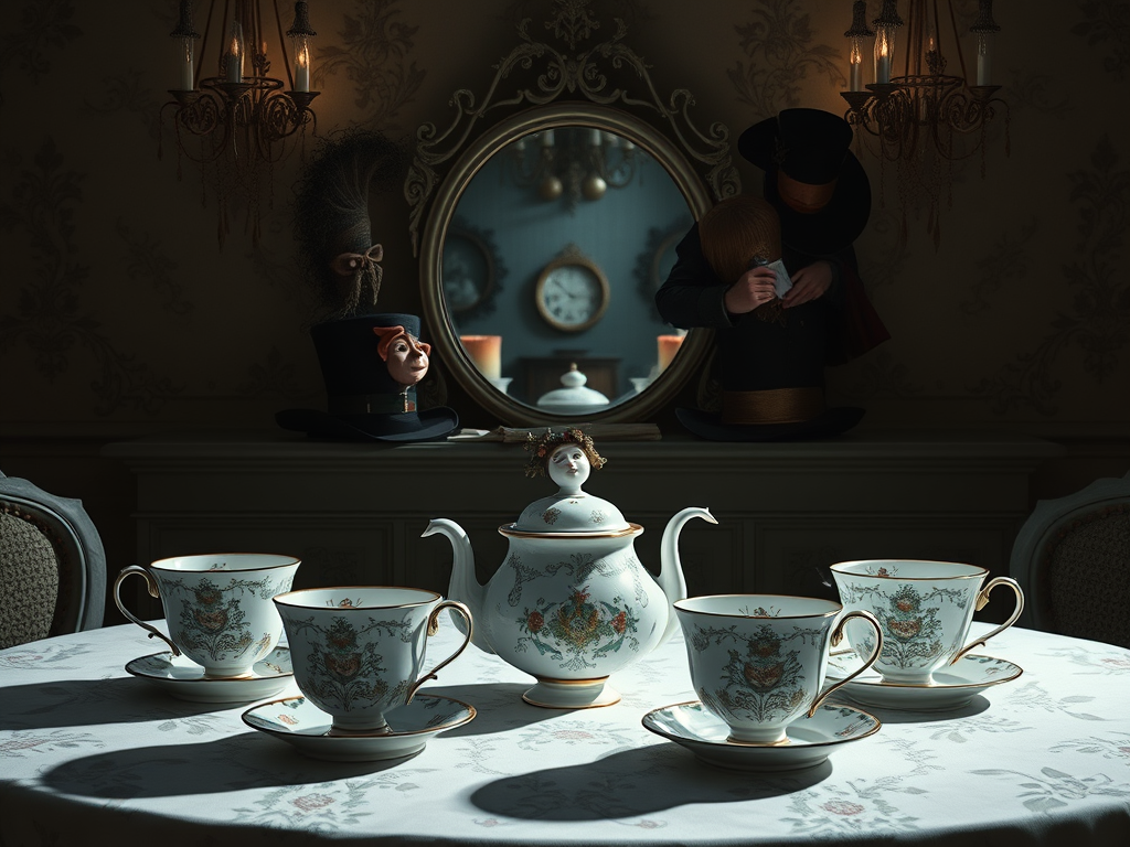 Uma arte digital sombria da Festa do Chá do Chapeleiro Maluco, com uma mesa redonda coberta por quatro xícaras de porcelana floral e um bule cuja tampa é uma miniatura de Alice. Ao fundo, um espelho vitoriano reflete um relógio e, nas laterais, dois chapéus do Chapeleiro com figuras humanas e de bonecos, criando uma cena misteriosa e surreal em um interior escuro.