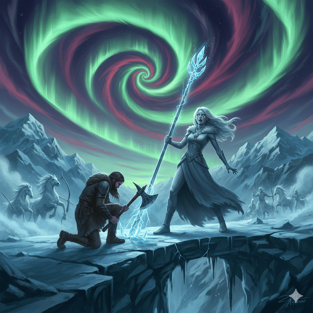 O confronto final entre Brynhild e Skadi em uma ponte de gelo dramática que se estende sobre um abismo. Brynhild está de joelhos, exausta, seu machado ainda em sua mão, mas com a ponta cravada no cajado de gelo de Skadi, que está rachado e emitindo um brilho azulado fraco. Skadi, a Deusa do Inverno, cambaleia, com uma expressão de surpresa e vulnerabilidade. De seus olhos de cristal escorre uma única lágrima de sangue, que contrasta vividamente com sua pele azul-pálida. A aurora boreal no céu acima ruge em espirais vibrantes de verde e vermelho, como uma "ferida aberta", iluminando a cena com cores intensas e sobrenaturais. Cavalos de tempestade e arqueiros de gelo de Skadi estão em segundo plano, dissipando-se ou congelados em suas posições, indicando o fim da batalha. O ambiente é um fiorde nórdico grandioso e hostil, com montanhas imponentes e abismos profundos. A composição deve focar na emoção do momento: a exaustão de Brynhild, a surpresa e o "degelo" de Skadi. Estilo artístico épico e grandioso, com cores vibrantes na aurora boreal contrastando com os tons frios do gelo e da pele de Skadi, transmitindo a magnitude da mudança e da memória.