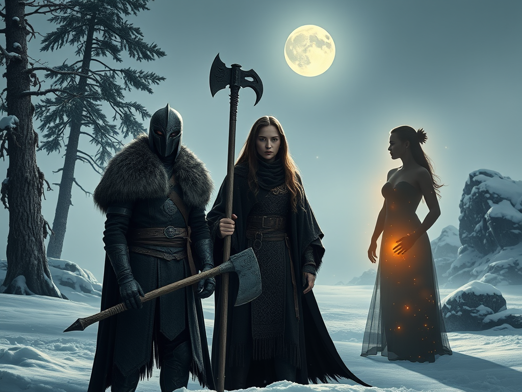 Brynhild está em uma clareira branca de neve, seu machado com cabo de ferro bruto nas costas. Ela está de pé, em guarda, diante de três figuras. A figura central usa um elmo de corvo com olhos opacos e segura uma lança que sussurra runas esquecidas. A segunda figura usa um manto da noite estrelada, com pele da cor da terra molhada, emanando uma aura misteriosa. A terceira figura é uma sombra translúcida, sem massa, mas com presença, sutilmente sugerindo uma silhueta infantil ou feminina, talvez com um brilho dourado etéreo, representando Liv. A sombra está se aproximando de Brynhild, que hesita, seu olhar fixo nela, um conflito interno visível em seu rosto. O ambiente é iluminado pela luz pálida de um luar invernal que reflete na neve. Pinheiros ancestrais e rochas cobertas de gelo formam o fundo. A cena deve evocar tensão, mistério e o início de uma redenção emocional. Estilo realista de fantasia sombria, com foco na expressão dos personagens e no contraste entre a frieza do ambiente e o calor sutil da memória.