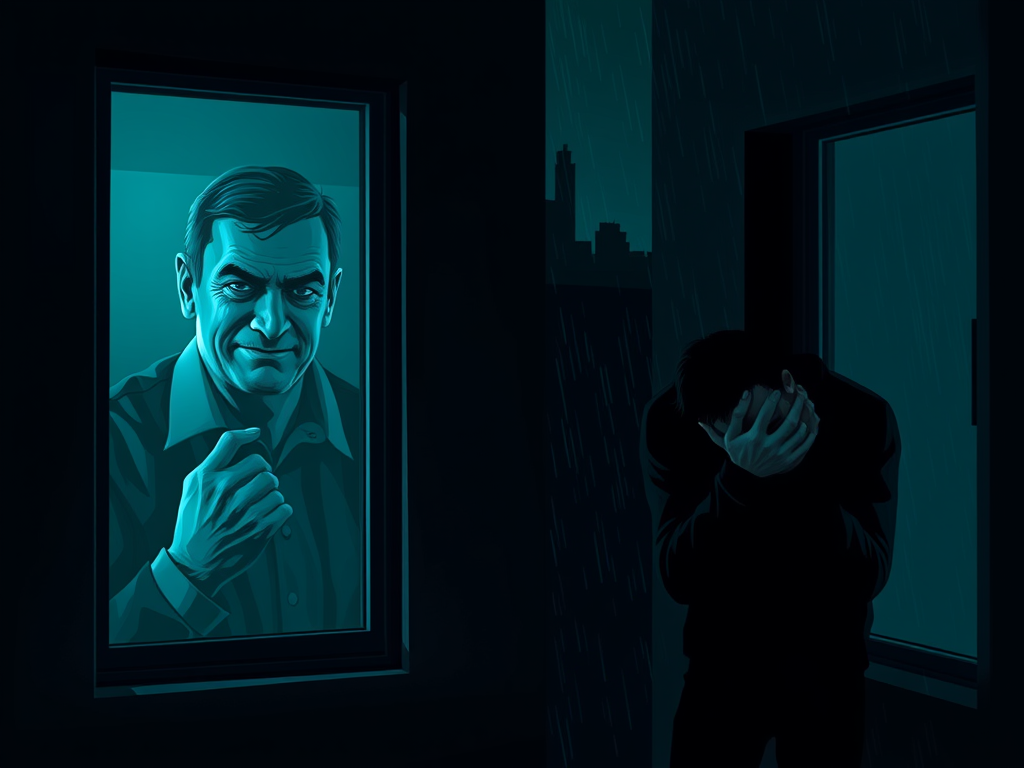 Um homem angustiado se curva, segurando a cabeça, enquanto observa um outro homem sorridente e sinistro através de uma janela em um ambiente escuro e chuvoso.