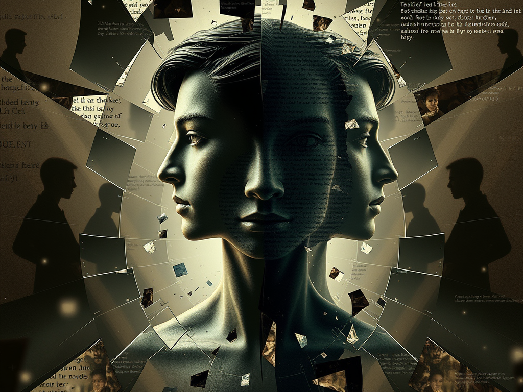 Imagem artística mostrando um rosto humano dividido, refletindo a ideia de dualidade e identidade. A composição inclui peças quebradas de espelho e silhuetas de figuras obscuras ao fundo, evocando um senso de mistério e introspecção.