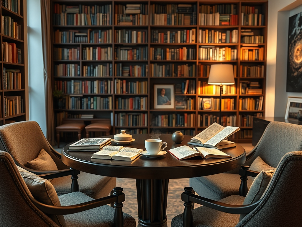Um ambiente aconchegante de leitura, com uma mesa redonda central, duas cadeiras confortáveis, uma xícara de café fumegante, livros abertos e uma estante repleta de livros ao fundo, iluminado por uma lâmpada suave.