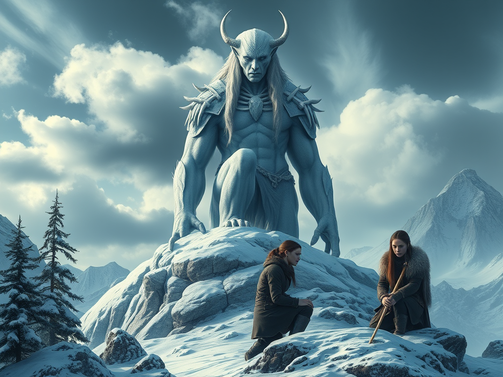 Uma visão panorâmica e dramática de Skadi, a Deusa do Inverno. Ela é alta, imponente, com a pele de um azul-pálido quase translúcido, e olhos que parecem feitos de cristal trincado ou gelo partido. Ossos de urso polar adornam seus ombros como uma armadura natural. Ela está no pico de uma montanha rochosa coberta de neve e gelo, sob um céu de inverno carregado de nuvens cinzas e ventos gélidos. A cada passo dela, o gelo se expande e a neve redemoinha. A composição deve transmitir a ideia de poder primordial e frio eterno. Brynhild, mais jovem, com cabelo castanho escuro e pele pálida, ajoelha-se diante dela em sinal de juramento. Brynhild usa roupas de guerreira simples e escuras, mas seu rosto expressa determinação e uma centelha de dor. O cenário ao redor das duas é um fiorde nórdico implacável, com pinheiros ancestrais cobertos de neve e formações rochosas pontiagudas. A luz é dramática, com tons frios de azul, cinza e branco. Estilo artístico de fantasia épica sombria, reminiscentes de ilustrações de mitologia nórdica, com atenção aos detalhes texturais do gelo, da neve e das roupas.