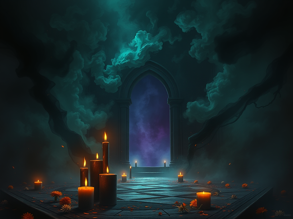Cenário sombrio e místico com velas acesas sobre um piso de pedras, rodeadas por flores e neblina, diante de uma porta arqueada que leva a uma dimensão nebulosa.