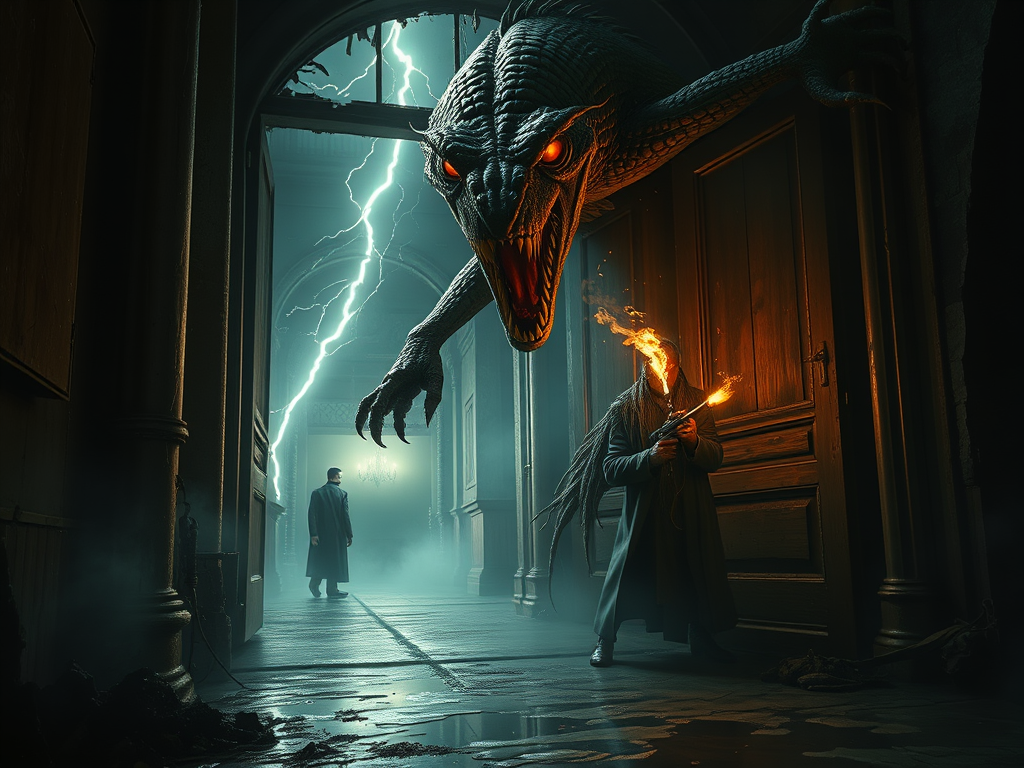 Um investigador em um corridor sombrio, segurando uma arma em chamas, enquanto uma criatura monstruosa com olhos brilhantes aparece atrás dele, sob uma tempestade relampejante.