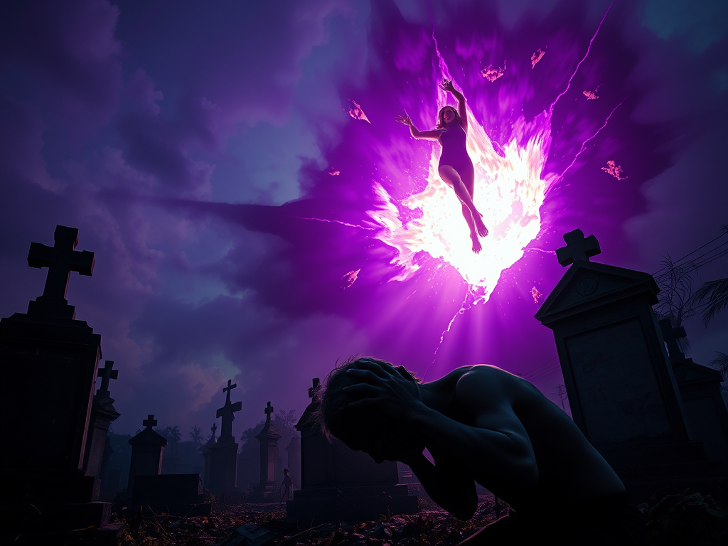 Cenário noturno de um cemitério com cruzes, onde um homem se esconde a cabeça entre as mãos, enquanto uma figura feminina emerge de uma explosão de luz roxa, simbolizando a transição entre os mundos.