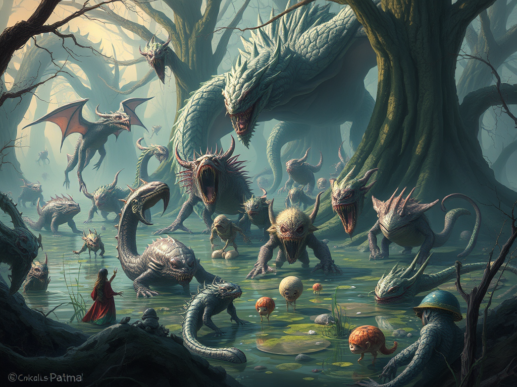 Ilustração de um pântano místico cheio de criaturas fantásticas, incluindo dragões, monstros aquáticos e seres estranhos, em meio a árvores escuras e águas turvas, criando uma atmosfera de mistério e terror.