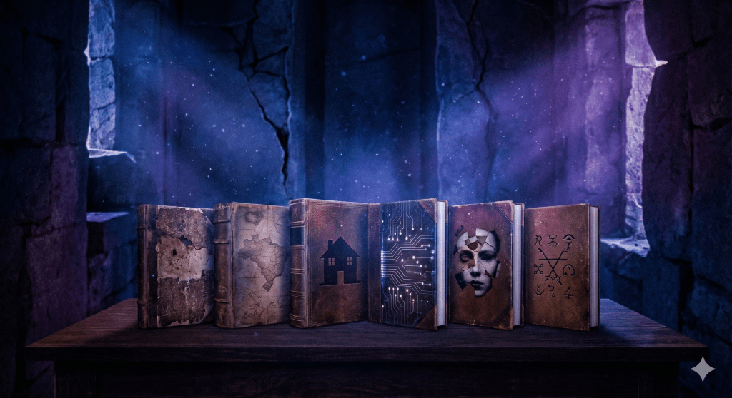 Uma mesa de madeira com seis livros antigos, cada um com capas que refletem temas sombrios e fantásticos, em um ambiente com iluminação mística e paredes de pedra.