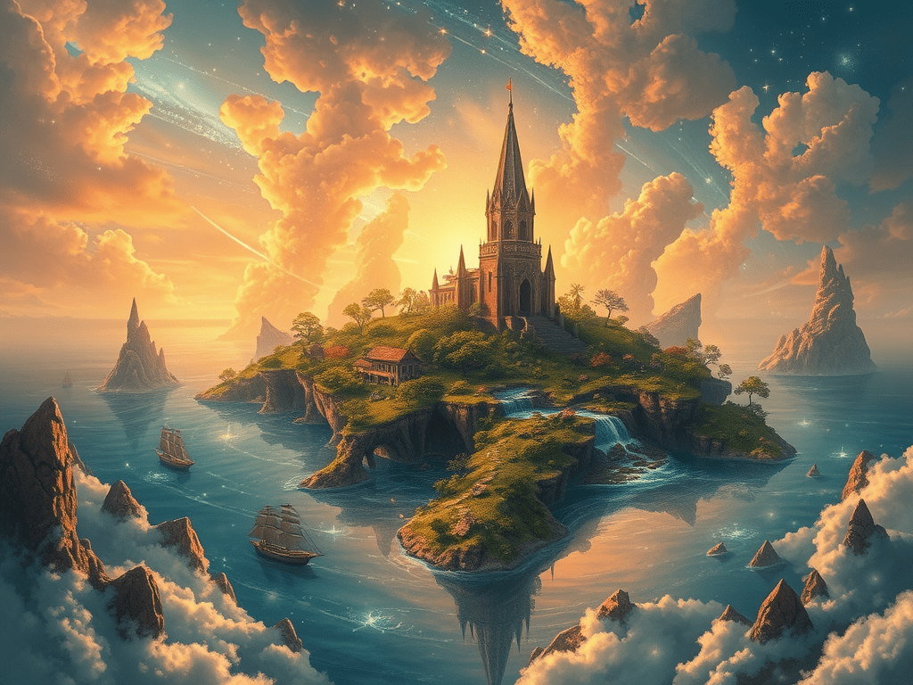 Uma ilha mística com um castelo ao pôr do sol, cercada por nuvens e barcos de vela, representando um cenário de fantasia e aventura.