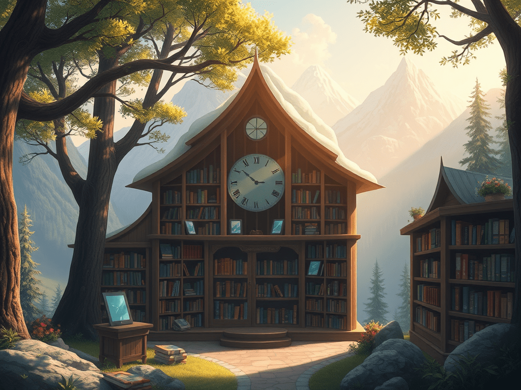 Uma biblioteca encantadora ao ar livre, cercada por árvores e montanhas, com relógio grande na fachada e estantes de livros visíveis.