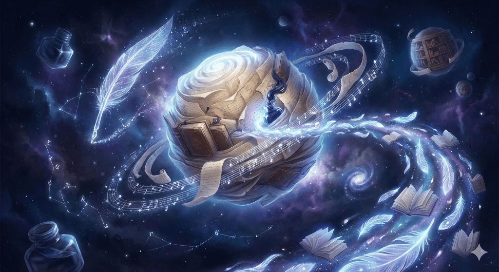 Uma ilustração cósmica mostrando um planeta em forma de livro rodeado por penas, notas musicais e frascos, representando a relação entre literatura e o universo.