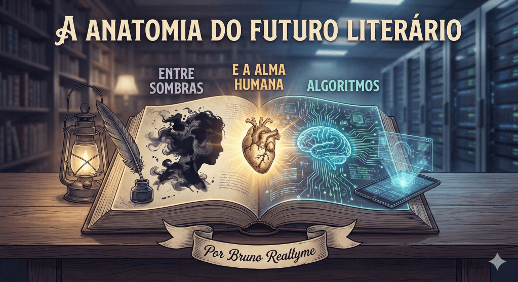 Imagem de um livro aberto com elementos gráficos representando a literatura e tecnologia, incluindo uma figura humana, sombras e algoritmos, com o título 'A ANATOMIA DO FUTURO LITERÁRIO'.
