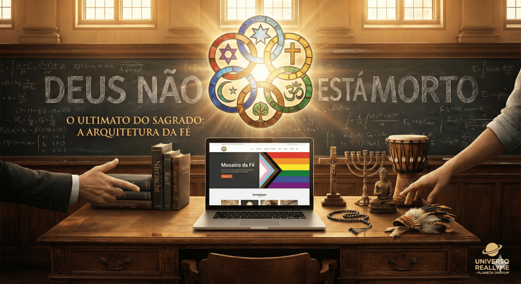 Mesa de estudo com um laptop exibindo um site, rodeado por livros, instrumentos musicais e símbolos de diferentes religiões. Uma lousa ao fundo com equações matemáticas e frases impactantes sobre a fé.