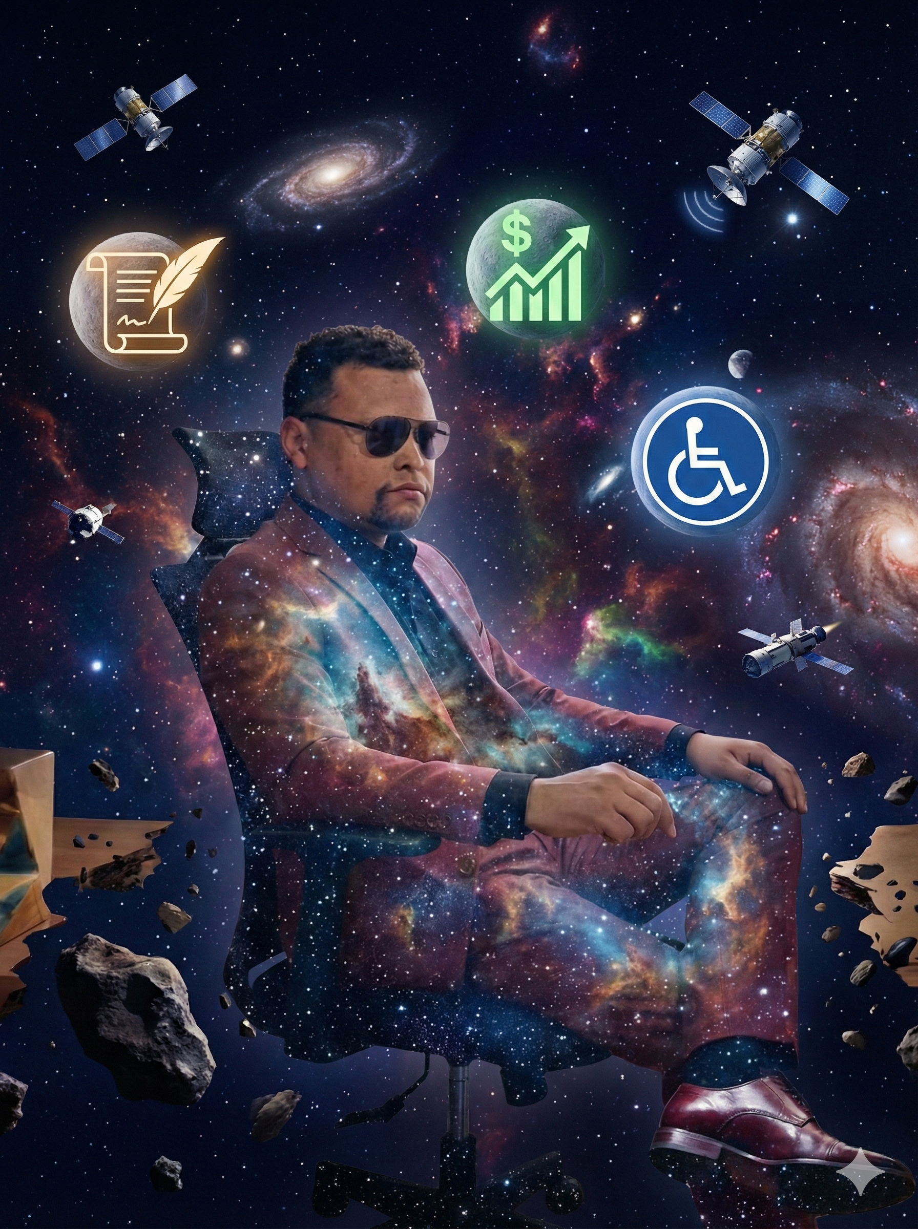 Homem sentado em uma cadeira giratória, vestido com um terno de galáxia, em um fundo cósmico. Ícones de um documento, gráfico com crescimento financeiro, satélites e símbolo de acessibilidade circundam a figura.
