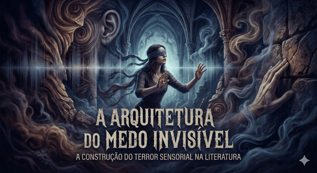 Imagem representativa do tema 'A Arquitetura do Medo Invisível', mostrando uma mulher vendada explorando um ambiente escuro, com elementos de terror e sensações que evocam o medo, acompanhada de representações visuais de sons e sombras.