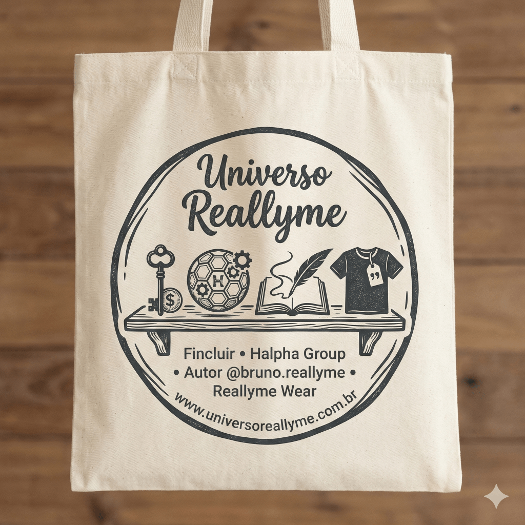 Tote bag com a estampa 'Universo Reallyme', exibindo ícones como uma chave, uma bola de futebol, um livro, uma pena e uma camiseta. Detalhes sobre o autor e o site são incluídos.