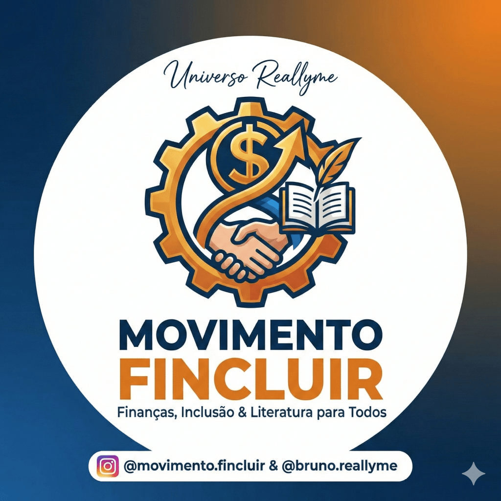 Logo do Movimento Fincluir, que apresenta uma engrenagem com um símbolo de dólar, um aperto de mãos e um livro, simbolizando finanças, inclusão e literatura.