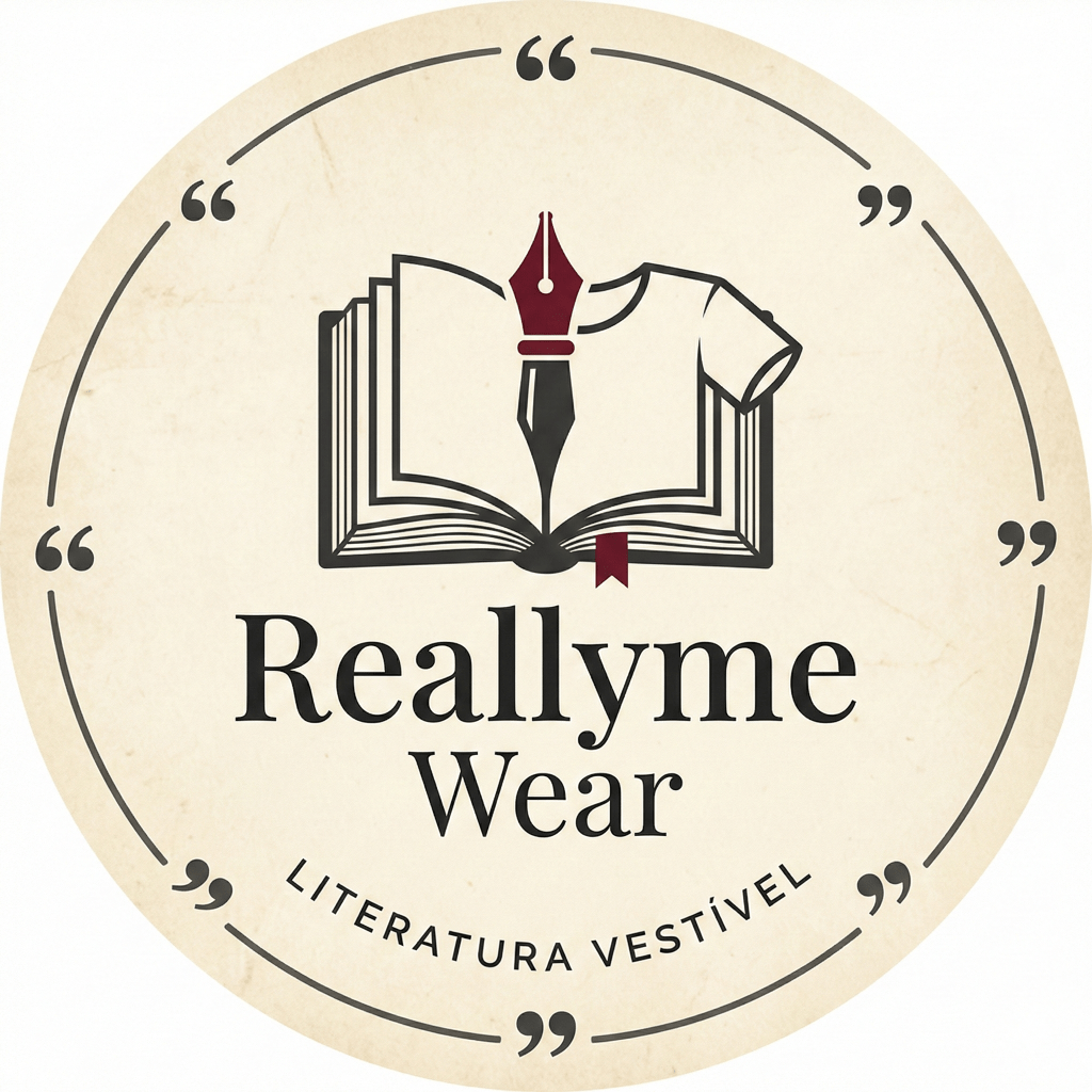Logo da Reallyme Wear, apresentando um livro aberto com uma caneta tinteiro e uma camiseta, simbolizando literatura vestível.