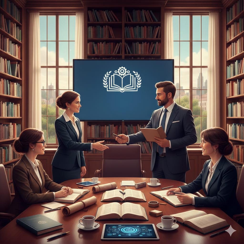 Cenário de reunião em uma biblioteca, com quatro profissionais de negócios discutindo e trocando documentos.