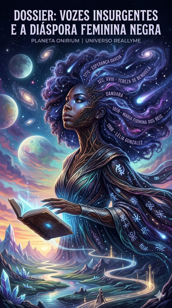 Imagem de uma mulher negra com cabelos volumosos, segurando um livro iluminado, rodeada por elementos cósmicos e naturais, representando vozes da diáspora feminina negra.