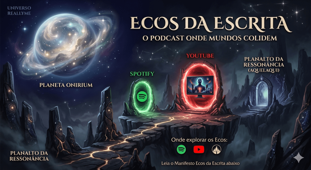 Arte promocional do podcast 'Ecos da Escrita', apresentando o universo com planetas e portais. Inclui referências ao Planeta Onirium e Planalto da Ressonância, além de ícones de Spotify e YouTube.