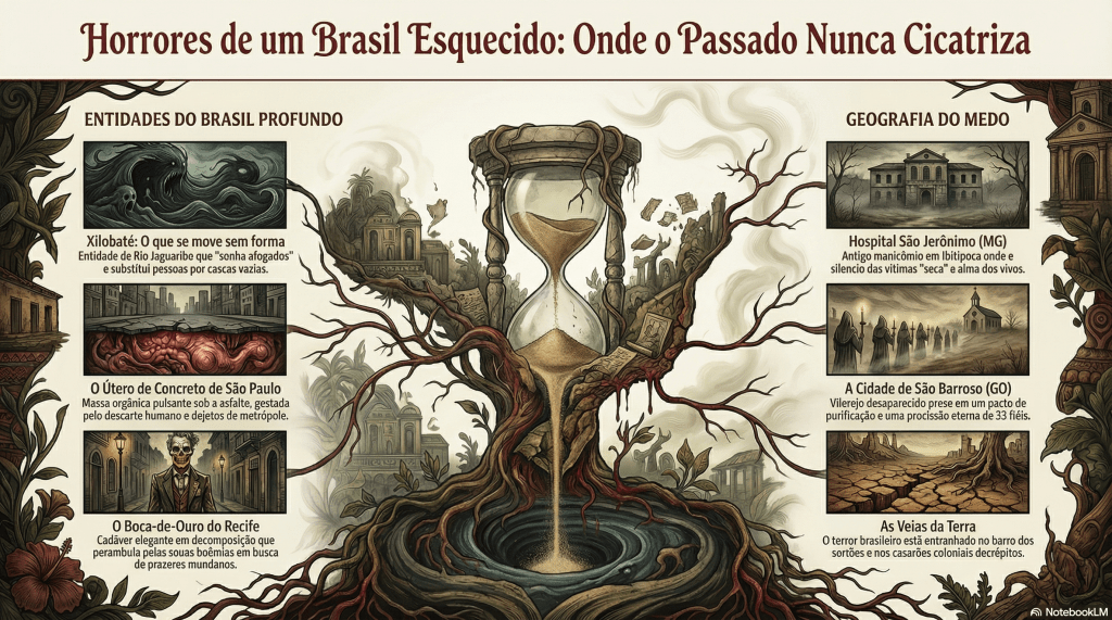 Imagem ilustrativa sobre os 'Horrores de um Brasil Esquecido', destacando entidades sobrenaturais e locais de medo associados ao passado obscuro do Brasil. Inclui informações sobre Xilobaté, o Útero de Concreto de São Paulo, o Boca-de-Ouro do Recife, Hospital São Jerônimo, a Cidade de São Barroso e As Veias da Terra.