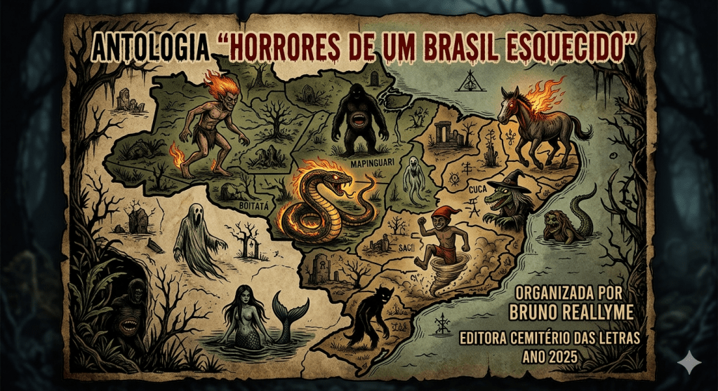 Capa da antologia 'Horrores de um Brasil Esquecido', com um mapa ilustrado do Brasil destacando figuras míticas e folclóricas como o Saci, a Cuca, e a Boitatá.