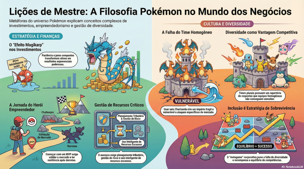 Infográfico "Lições de Mestre: A Filosofia Pokémon no Mundo dos Negócios". O lado esquerdo, em tons de azul, explica o "Efeito Magikarp" nos investimentos e a jornada empreendedora. O lado direito, em tons de laranja, ilustra a falha de times homogêneos (apenas Charizards) contra a vantagem competitiva de times diversos e inclusivos.
