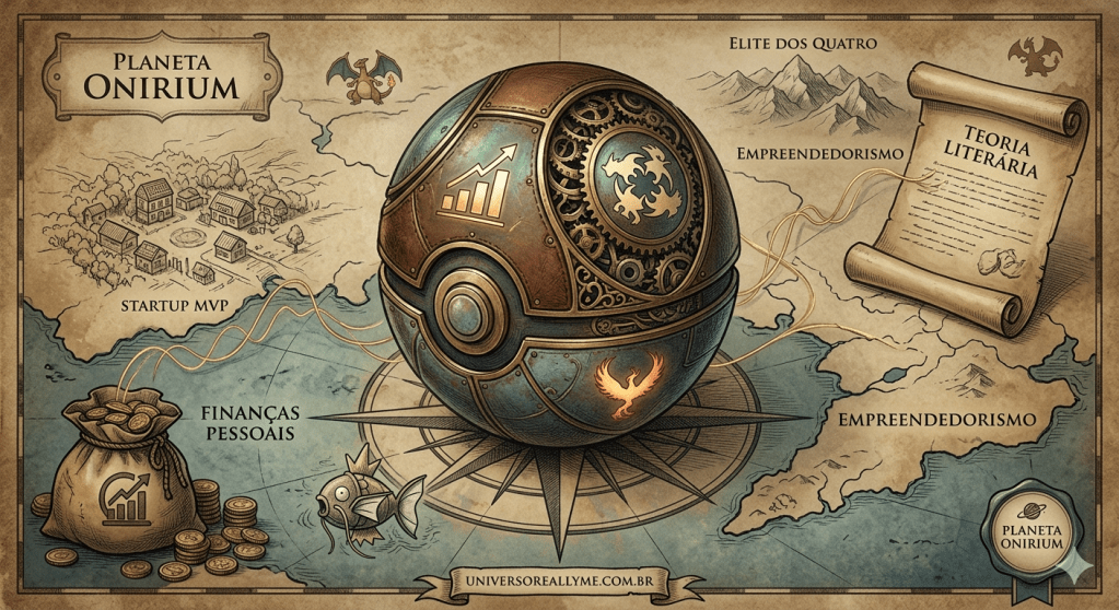 Mapa artístico em estilo pergaminho antigo intitulado "Planeta Onirium". No centro, uma Pokébola steampunk com engrenagens e uma fênix. O mapa conecta conceitos como "Startup MVP", "Finanças Pessoais" (representadas por um Magikarp e um saco de moedas) e "Teoria Literária". No rodapé, o endereço https://www.google.com/search?q=universoreallyme.com.br.
